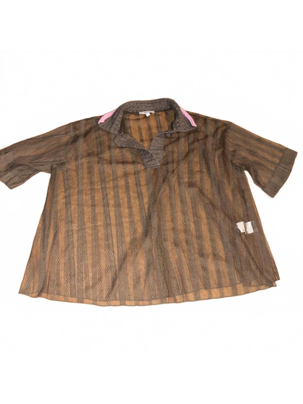 Ipekyol Brown Mesh Knit Collar Blouse Oversized Women's 8 Pink Trim Festival